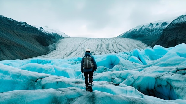 A man walking on a glacier with the word ice on the bottom.