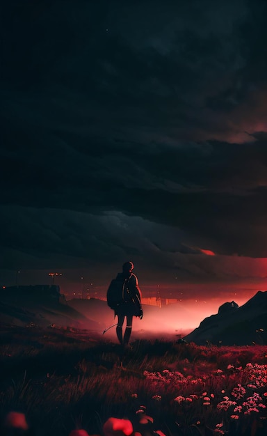 a man walking on a hill at night