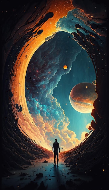 Premium AI Image | A man walking into a hole in the sky
