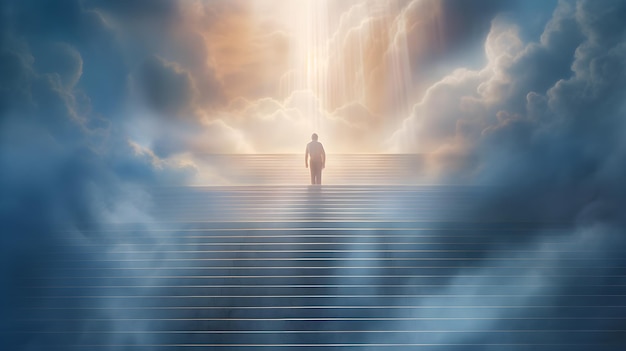 a man walking into stairway of heaven with shining light from the sky