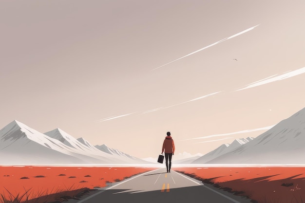 man walking in mountains man in a red jacket and a backpack on a road to the mountains vector illu