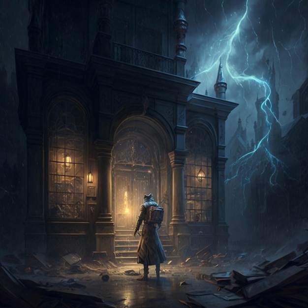 A man walking to a mysterious old castle on a stormy night