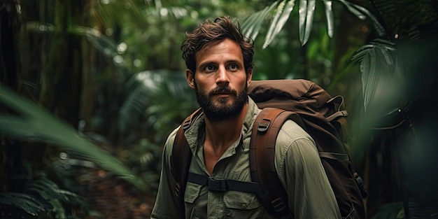 Foto uomo che cammina oltre la giungla tropicale da vicino nello stile del tema dell'avventura
