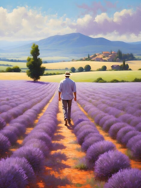 Foto uomo che cammina su un sentiero in un campo di lavanda atmosfera serena colori vibranti luce solare morbida