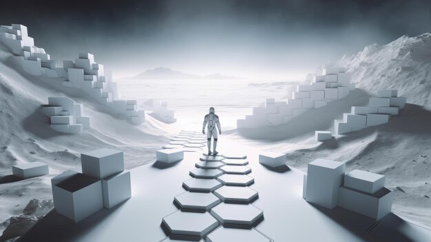 A man walking on a path in front of a city with cubes.