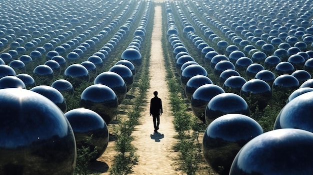 A man walking on a path between large black balls Generative AI Art