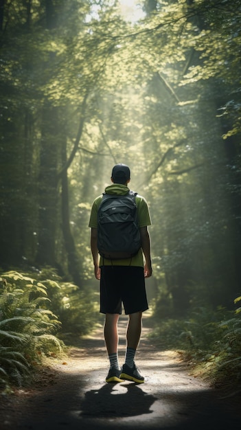 a man walking on a path in the woods