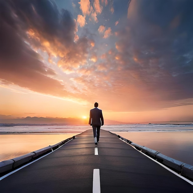 Man walking on a pier at sunset