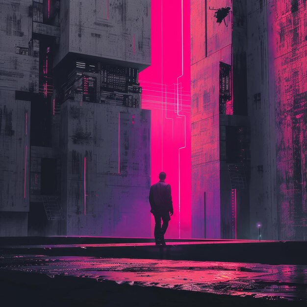 Photo a man walking in a pink light