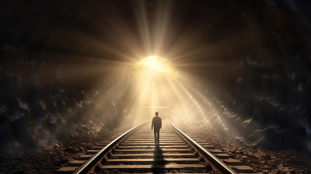 Man walking on the railway with a man in the middle of the light