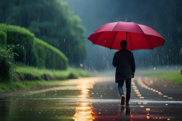 赤い傘を差して雨の中を歩く男性