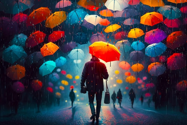 Man walking in the rain with umbrella over his head in the middle of the street Generative AI