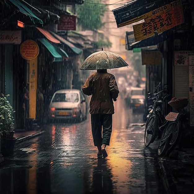 傘をさして雨の中を歩く男性