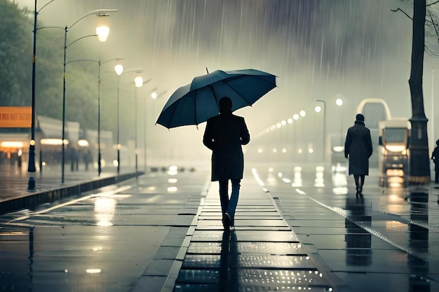 A man walking in the rain with an umbrella