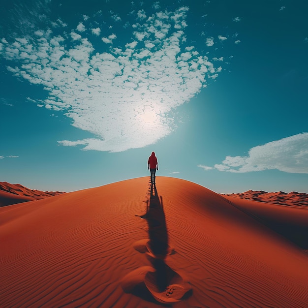 Man walking in the red sand of desert