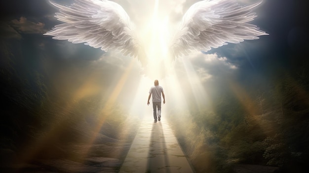 천국으로 가는 길을 걷는 남자와 천사가 그를 기다리는 창의적인 AI