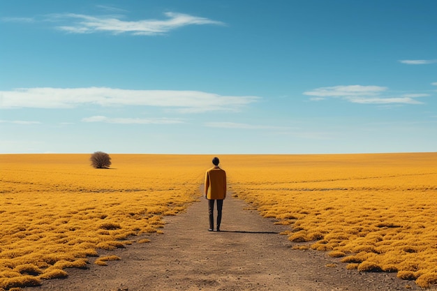 A man walking on the road in the middle of the savanna