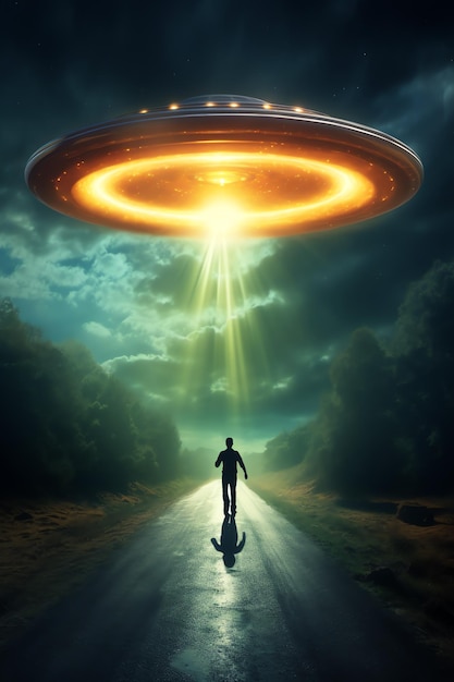 a man walking on a road with a ufo above him