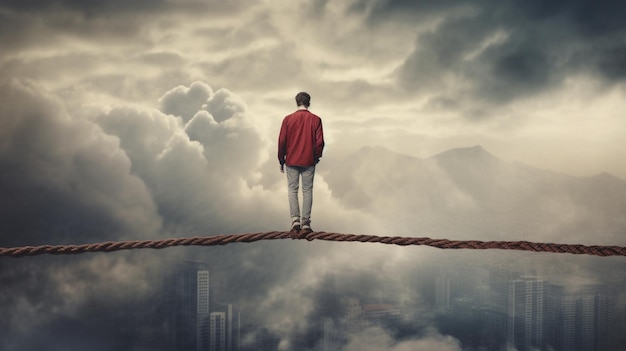 Man walking on a rope over the city