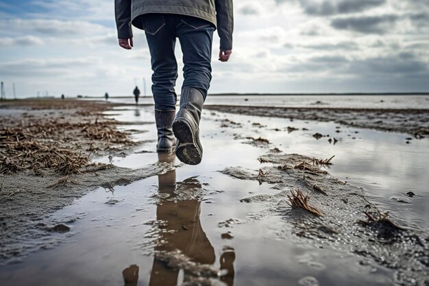 Photo man walking in rubber boots in the wadden sea