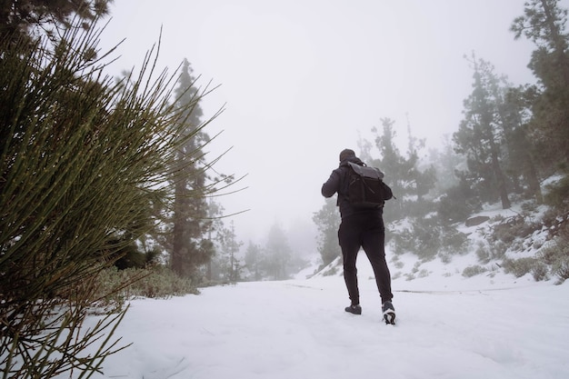 山岳風景の雪の上を歩く男