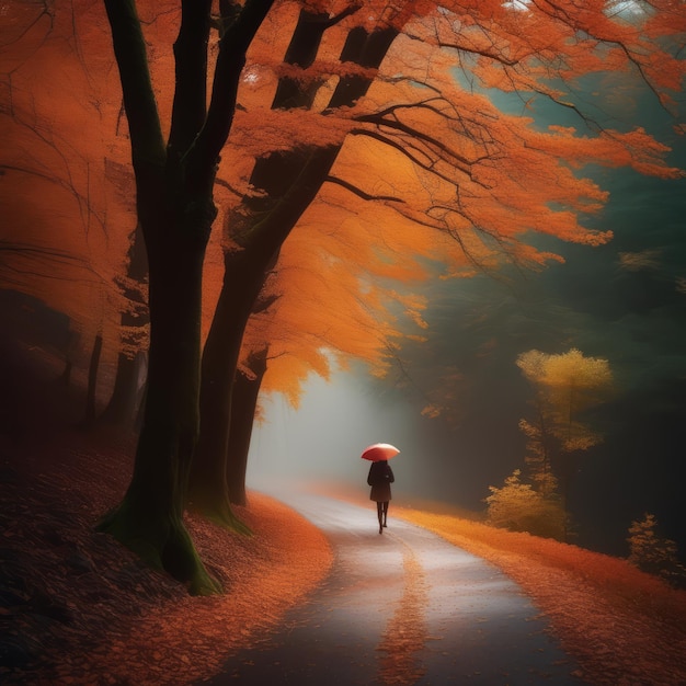 a man walking through an autumn forest a man is walking along path through a foggy autumn land