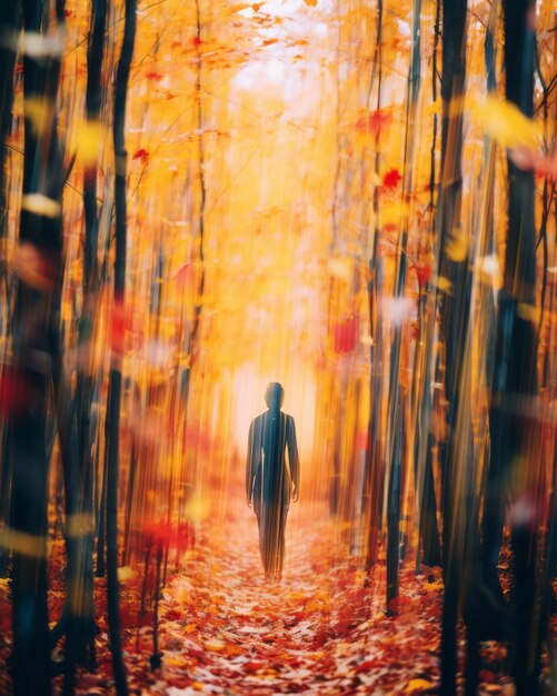 땅에 나뭇잎이 있는 가을 숲을 걷는 남자