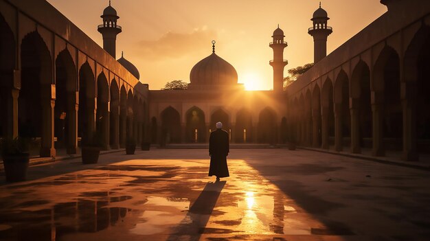 A man walking through a courtyard towards a mosque at sunset in the style of landscape