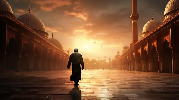 Мужчина идет через двор к мечети на закате в стиле пейзажа