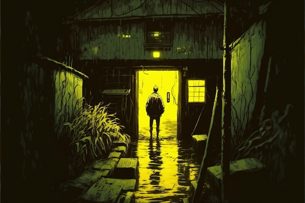 A man walking through a dark waterlogged path in an abandoned building A traveler who got lost in an abandoned building Digital art style illustration painting