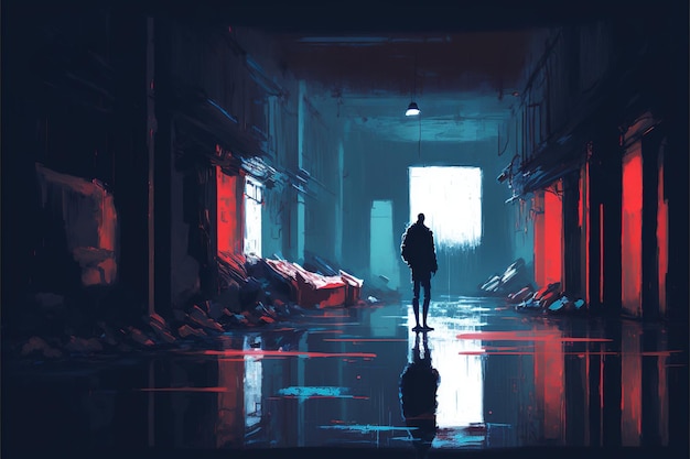 A man walking through a dark waterlogged path in an abandoned building A traveler who got lost in an abandoned building Digital art style illustration painting