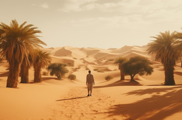 Man walking through desert oasis