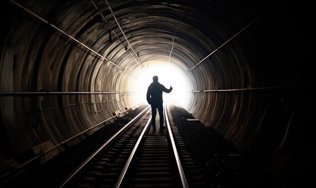 Человек идет по тускло освещенному туннелю Создание с использованием генеративных инструментов искусственного интеллекта