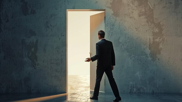 Photo man walking through a door with a light coming through it