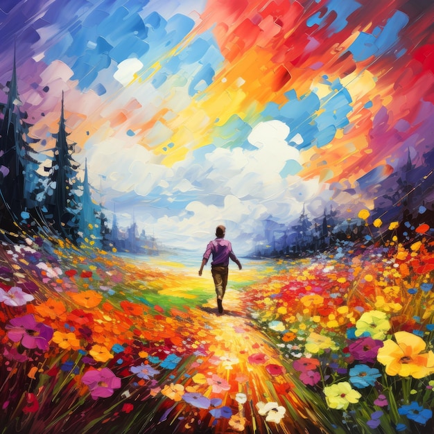 Man walking through a field of flowers with a colorful sky