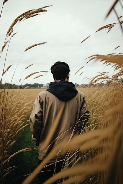 Un uomo che cammina attraverso un campo di erba dorata.