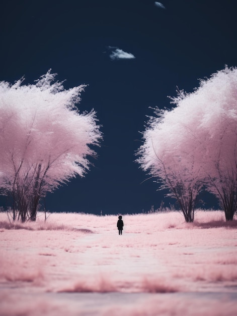 a man walking through a field of pink trees