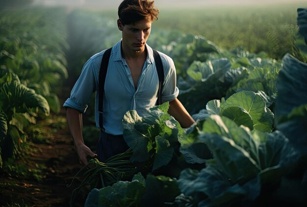 a man walking through field of produce in the style of portraiture with emotion