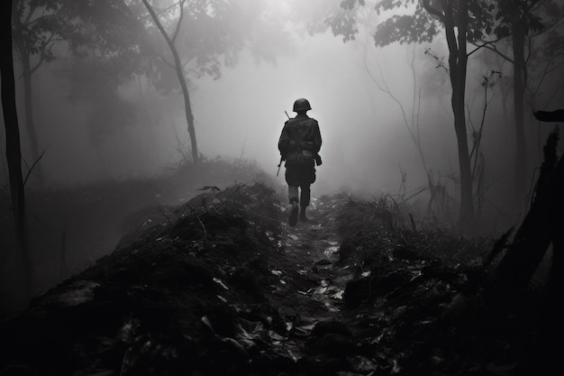 Man Walking Through Foggy Forest