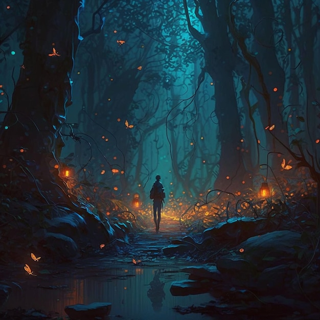 A man walking through a forest with a glowing light in the middle.