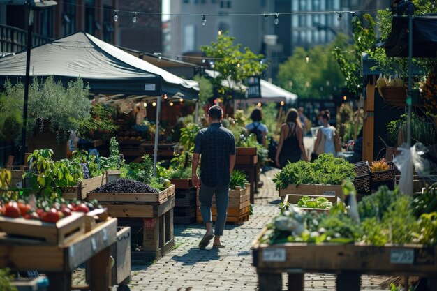 Foto un uomo che cammina attraverso un mercato pieno di verdure