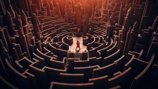 A man walking through a maze in a dark room generative ai image