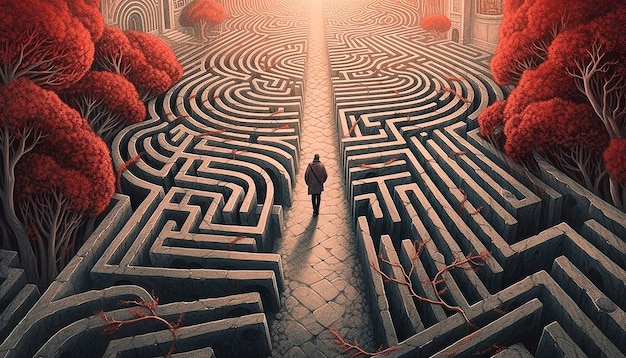 Photo man walking through a maze with red trees in the background