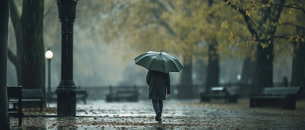 Man walking through a park with an umbrella in the rain