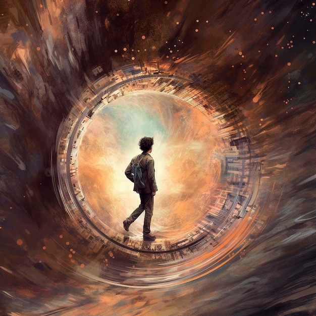 A man walking through a tunnel with a large circle in the center that says'the end of it '