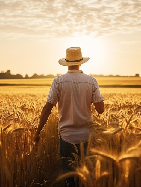 a man walking through a wheat field at sunset