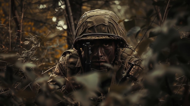 Man walking through woods in camouflage