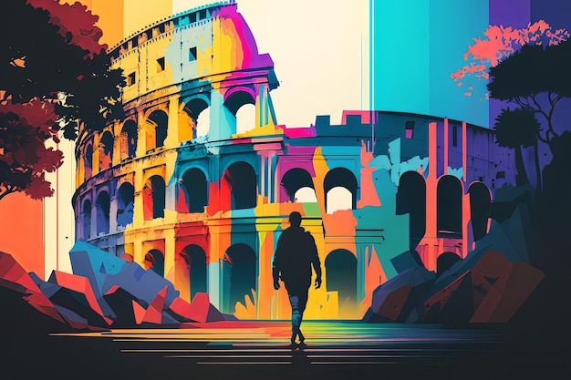 a man walking towards Coliseum Rome Italy colorful illustration