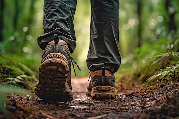 Man walking on the trail in a forest closeup of a shoes