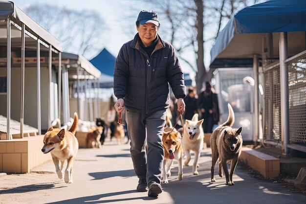 Мужчина гуляет с двумя собаками по тротуару.